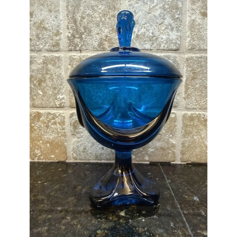 Viking Three Feet Foils BLUENIQUE Blue Covered Lidded Candy‎ Dish Compote